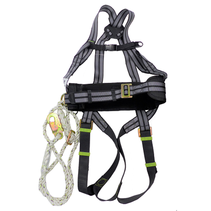 Harness with two fastening points and belt with rope